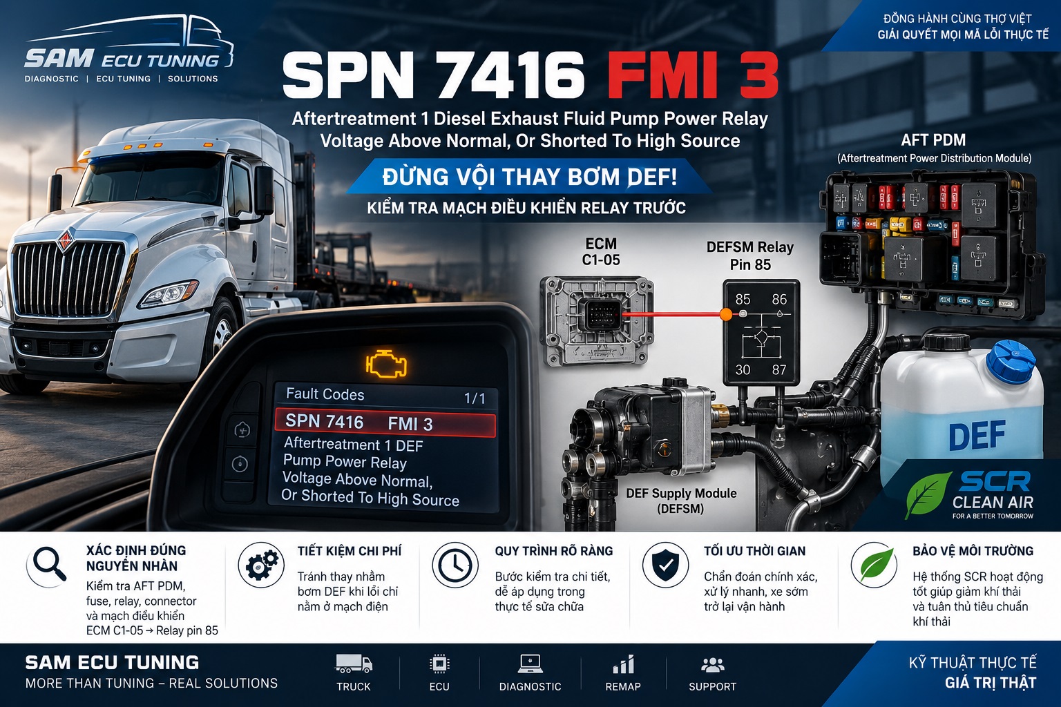 SPN 7416 FMI 3 – Aftertreatment 1 Diesel Exhaust Fluid Pump Power Relay Điện áp cao bất thường