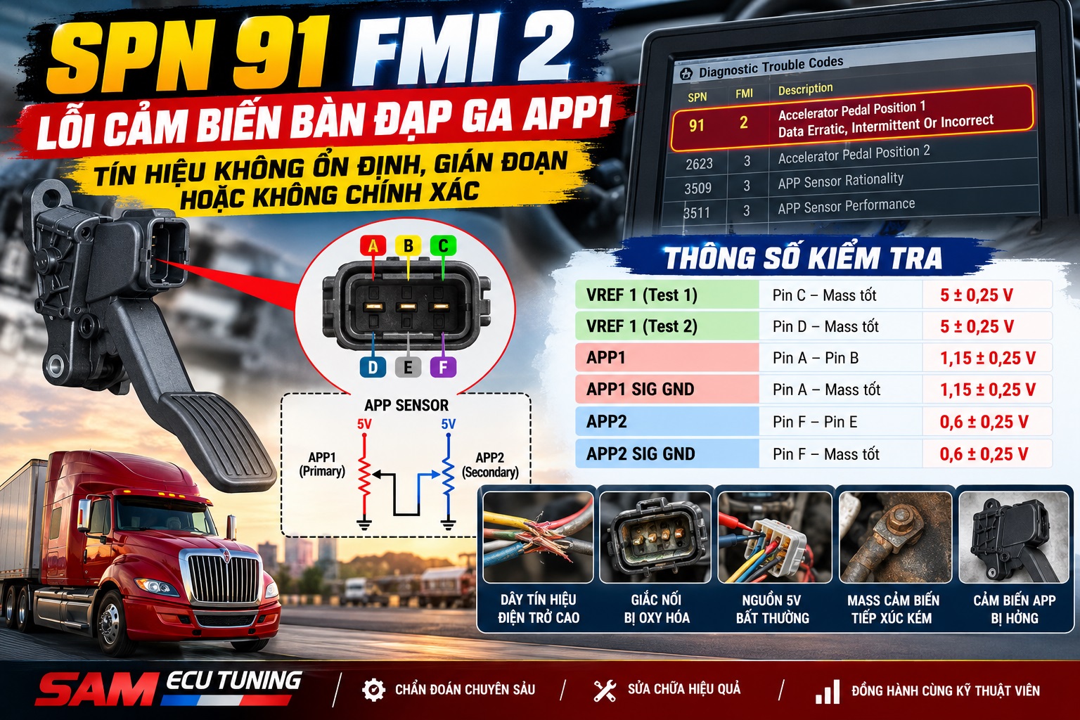 SPN 91 FMI 2 – Lỗi cảm biến bàn đạp ga APP1 Tín hiệu không ổn định, gián đoạn hoặc không chính xác