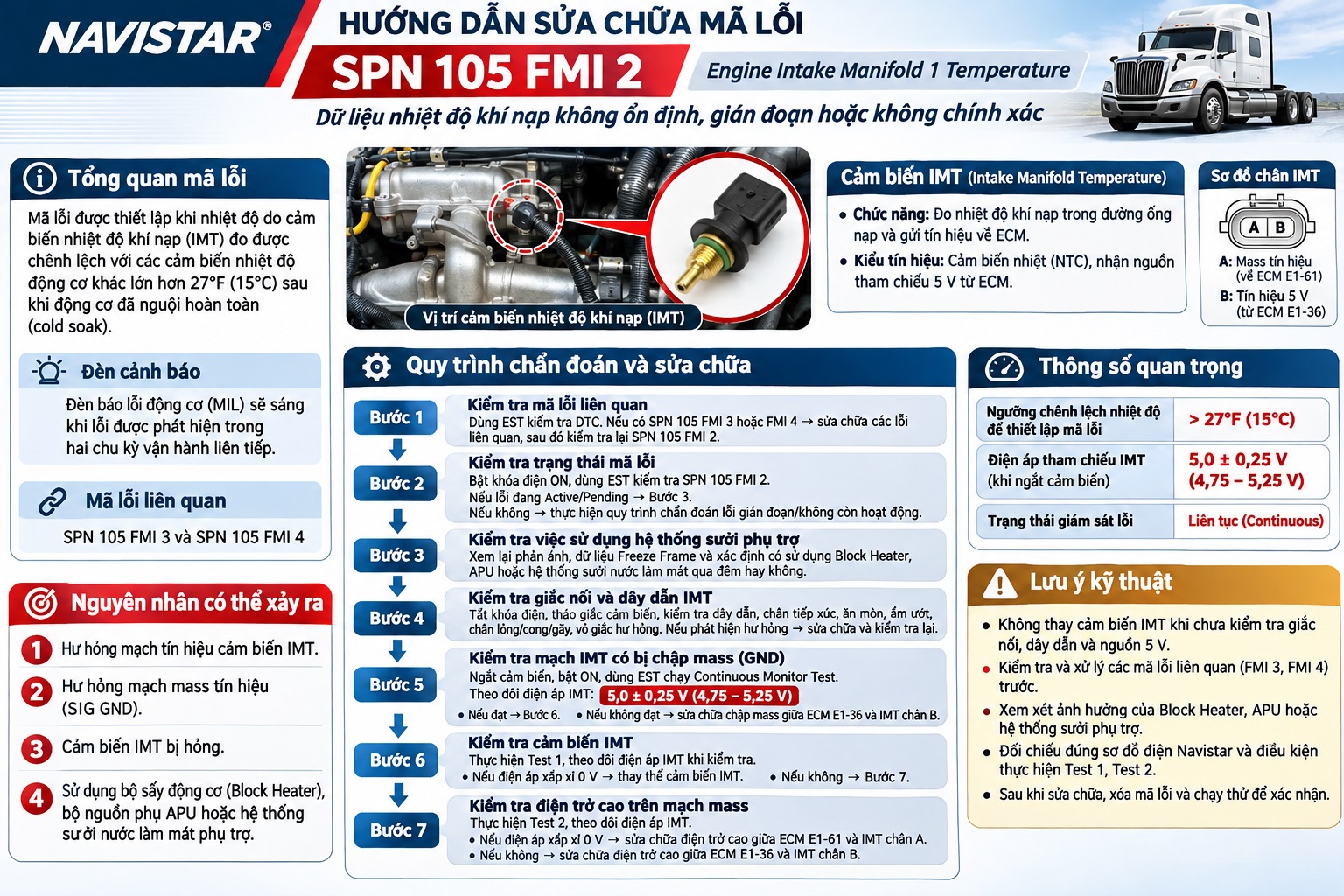 SPN 105 FMI 2: Nguyên nhân và quy trình sửa lỗi cảm biến nhiệt độ khí nạp Navistar