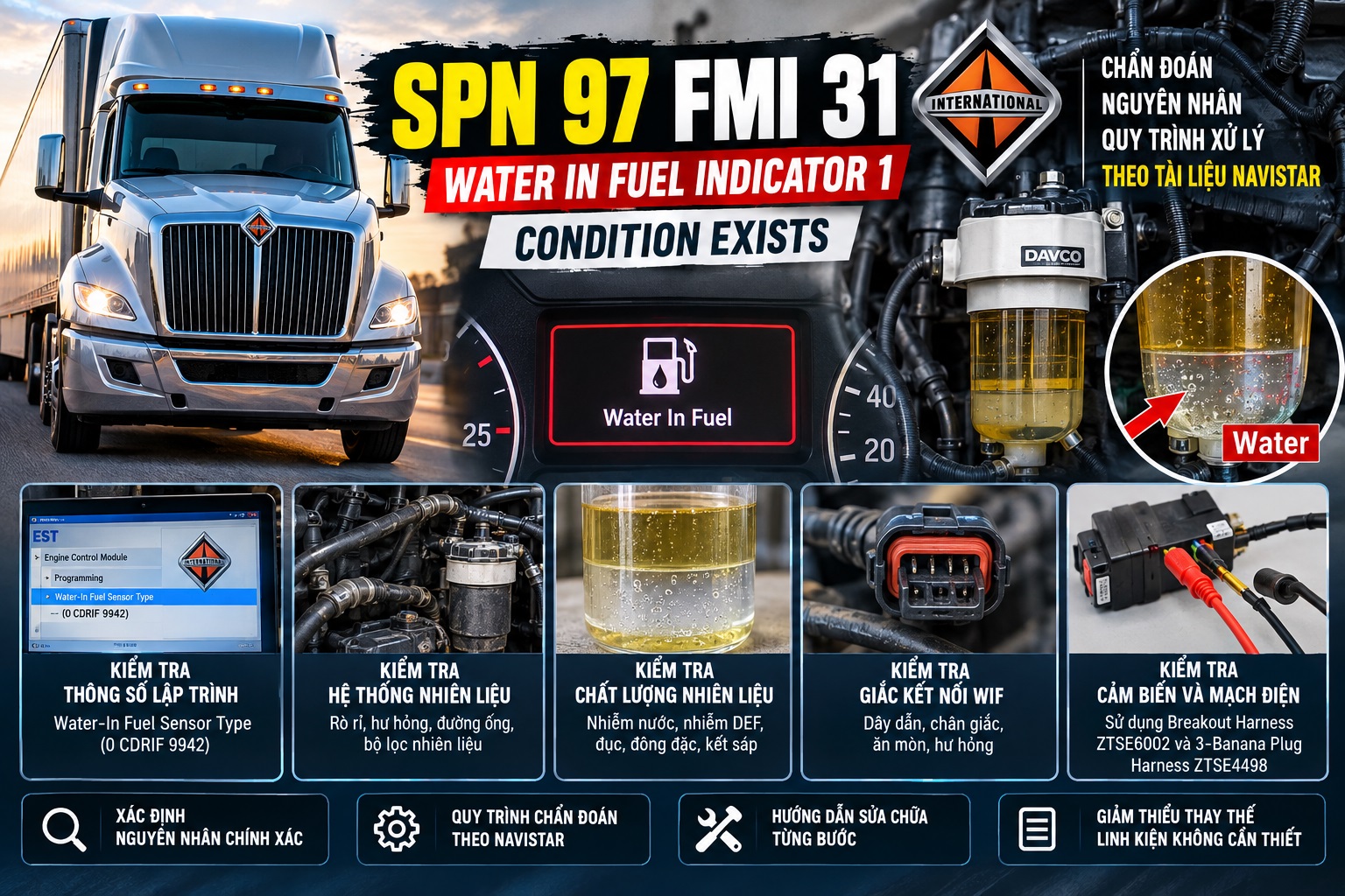 SPN 97 FMI 31 – Lỗi phát hiện nước trong nhiên liệu Diesel Nguyên nhân và quy trình chẩn đoán