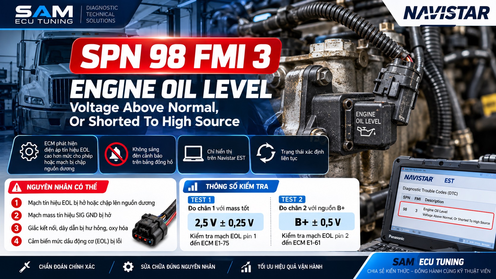 SPN 98 FMI 3 – Lỗi Cảm Biến Mức Dầu Động Cơ Điện Áp Cao, Nguyên Nhân Và Quy Trình Chẩn Đoán Navistar